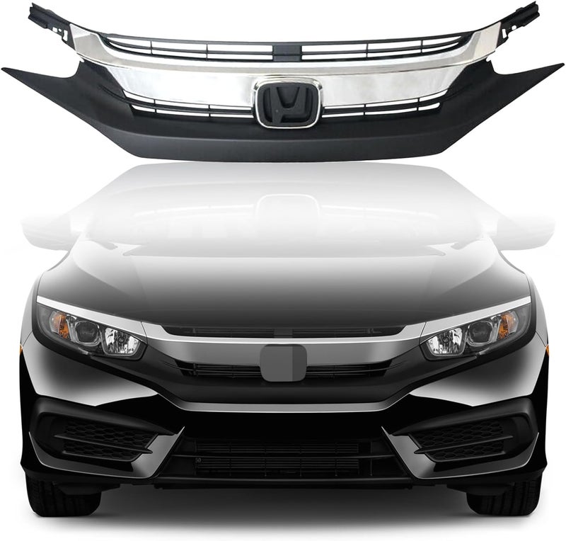Kspeed Front Bumper Grille for 2016 2017 2018 Honda Civic, Black with Chrome Molding Front Upper Hood Grill Replacement Part - Image 1